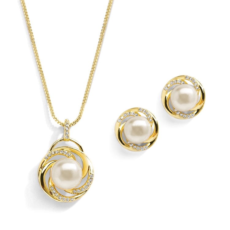 14K Gold Freshwater Pearl Necklace Set with Graceful Woven Knot Motif <br>4586S-G