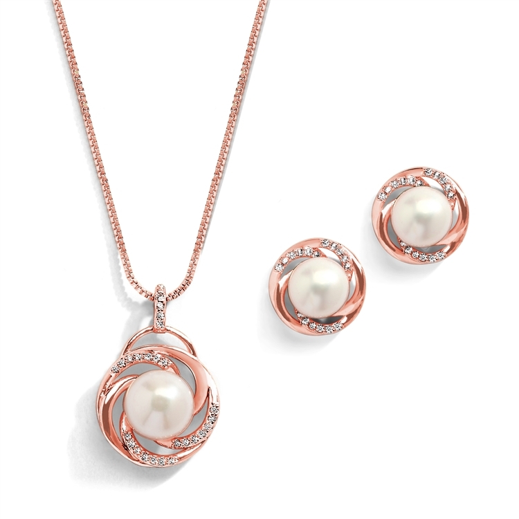 Rose Gold Freshwater Pearl Necklace Set with Graceful Woven Knot Motif <br>4586S-RG