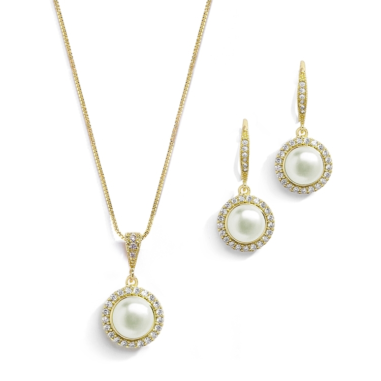 Freshwater Gold Pearl Necklace Set with Inlaid CZ Frame<br>4587S-G