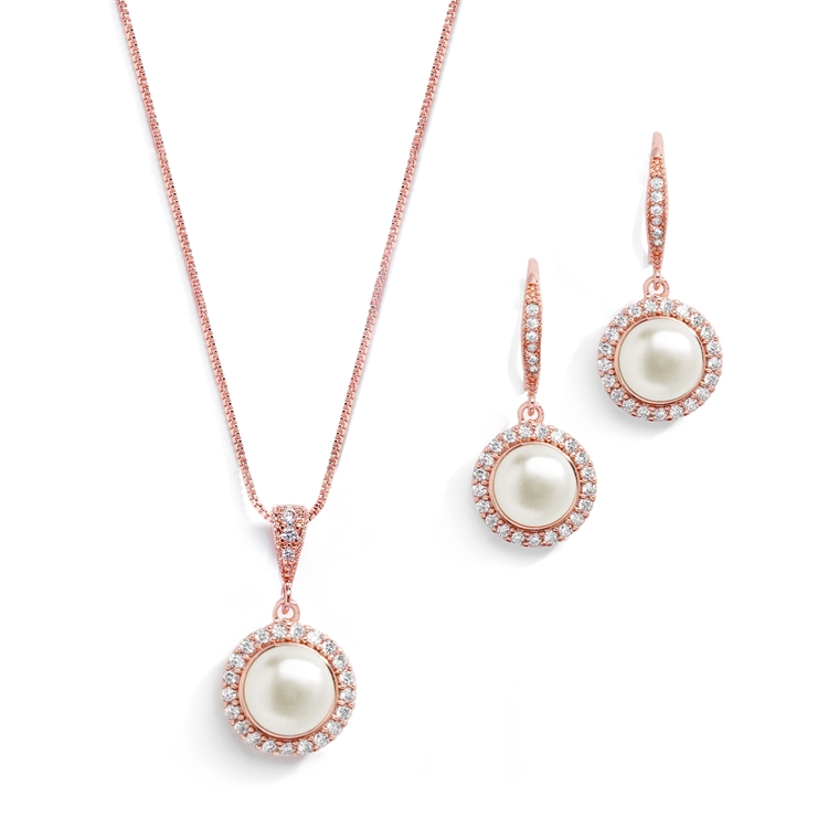 Mariell Wholesale Freshwater Rose Gold Pearl Necklace Set with Inlaid CZ Frame