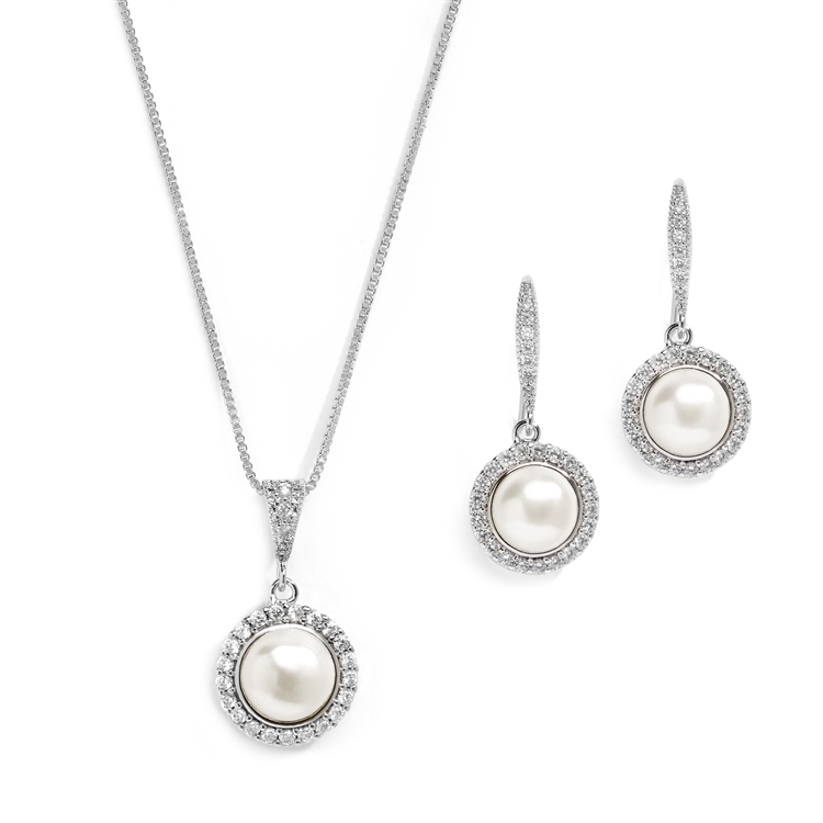 Freshwater Pearl Necklace Set with Inlaid CZ Frame<br>4587S-S