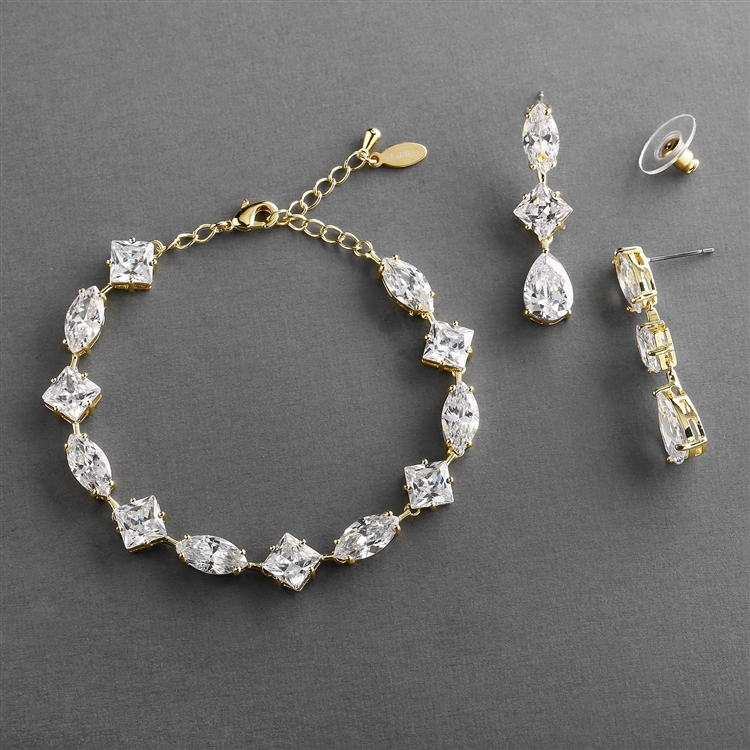 Elegant Cubic Zirconia Multi-Shape Bridal Bracelet and Earrings Set in 14K Gold<br>4588BS-G