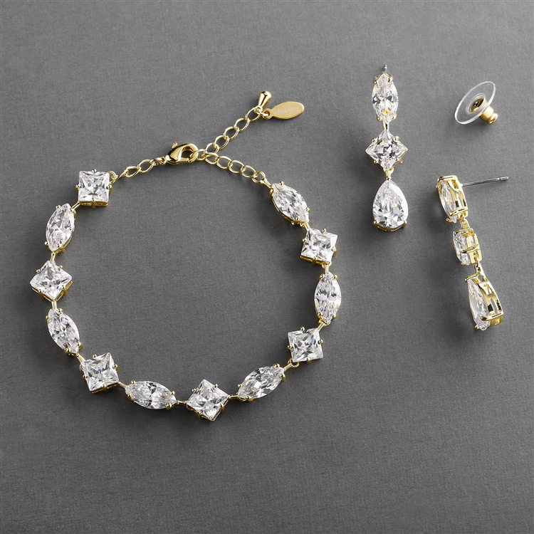 Mariell Wholesale Elegant Cubic Zirconia Multi-Shape Bridal Bracelet and Earrings Set in 14K Gold