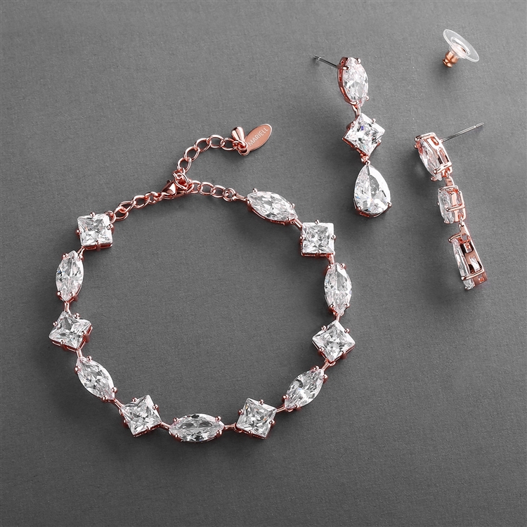 Mariell Wholesale Elegant Cubic Zirconia Multi-Shape Bridal Bracelet and Earrings Set in 14K Rose Gold