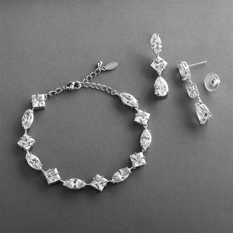 Elegant Cubic Zirconia Multi-Shape Bridal Bracelet and Earrings Set in Rhodium<br>4588BS-S