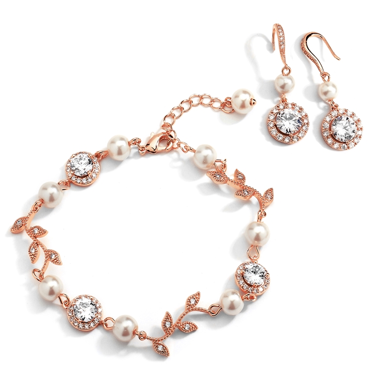 Ivory Pearl and Cubic Zirconia Bridal Bracelet and Earrings Set in Rose Gold<br>4589BS-I-RG