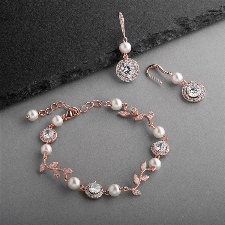 Mariell Wholesale Ivory Pearl and Cubic Zirconia Bridal Bracelet and Earrings Set in Rose Gold