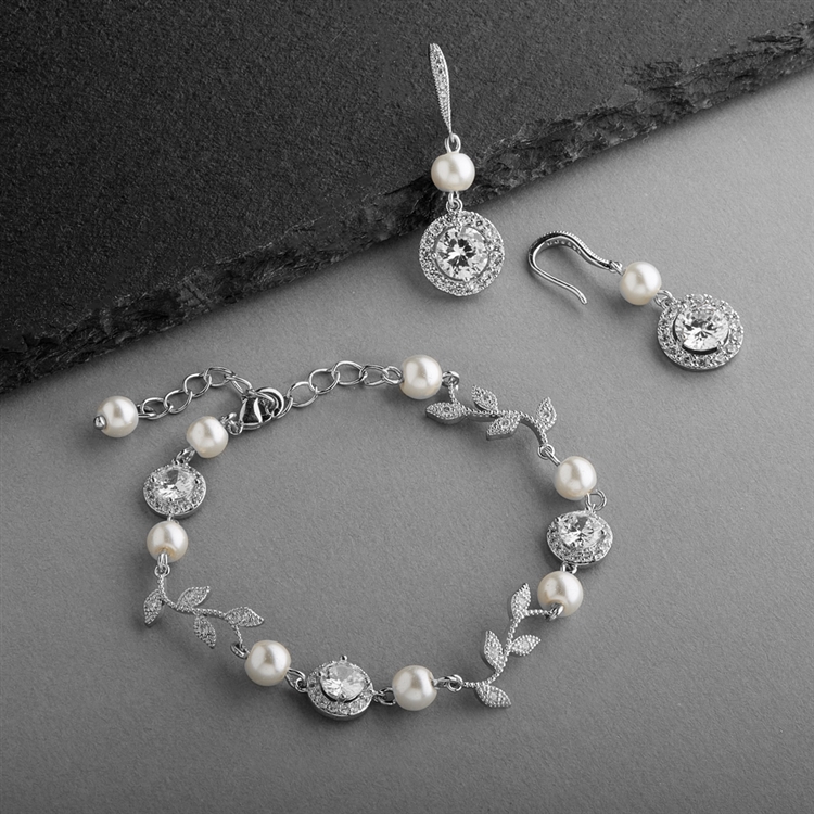 Ivory Pearl and CZ Vine Bridal Bracelet and Earrings Set<br>4589BS-I-S