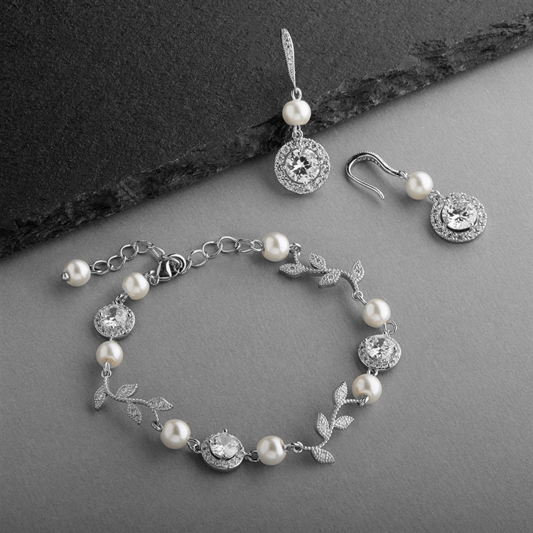 Mariell Wholesale Ivory Pearl and CZ Vine Bridal Bracelet and Earrings Set
