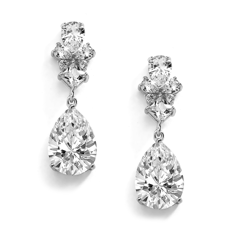 Silver Rhodium Cubic Zirconia Teardrop Pear-Shaped Dangle Drop Wedding Earrings<br>4591E-S