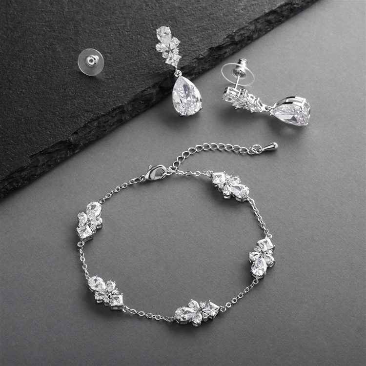 Cubic Zirconia Multi-Shape Bridal Bracelet and Earrings Set with Adjustable Chain<br>4592BS-CR-S