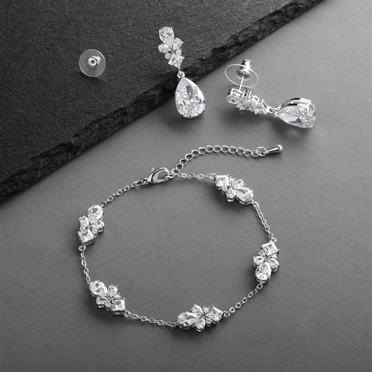 Mariell Wholesale Cubic Zirconia Multi-Shape Bridal Bracelet and Earrings Set with Adjustable Chain