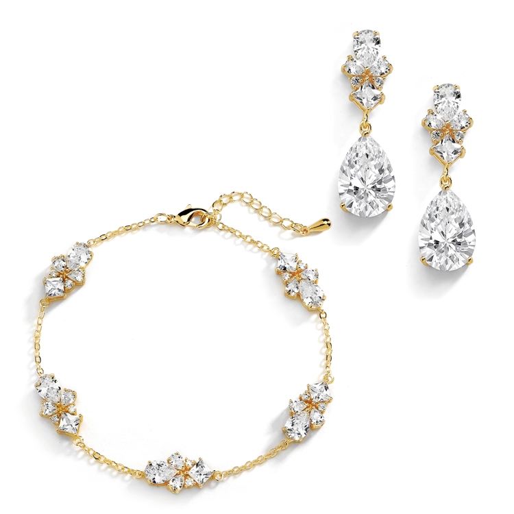 CZ Multi-Shape 14K Gold Plated Bracelet and Earrings Set with Adjustable Chain <br>4592BS-G
