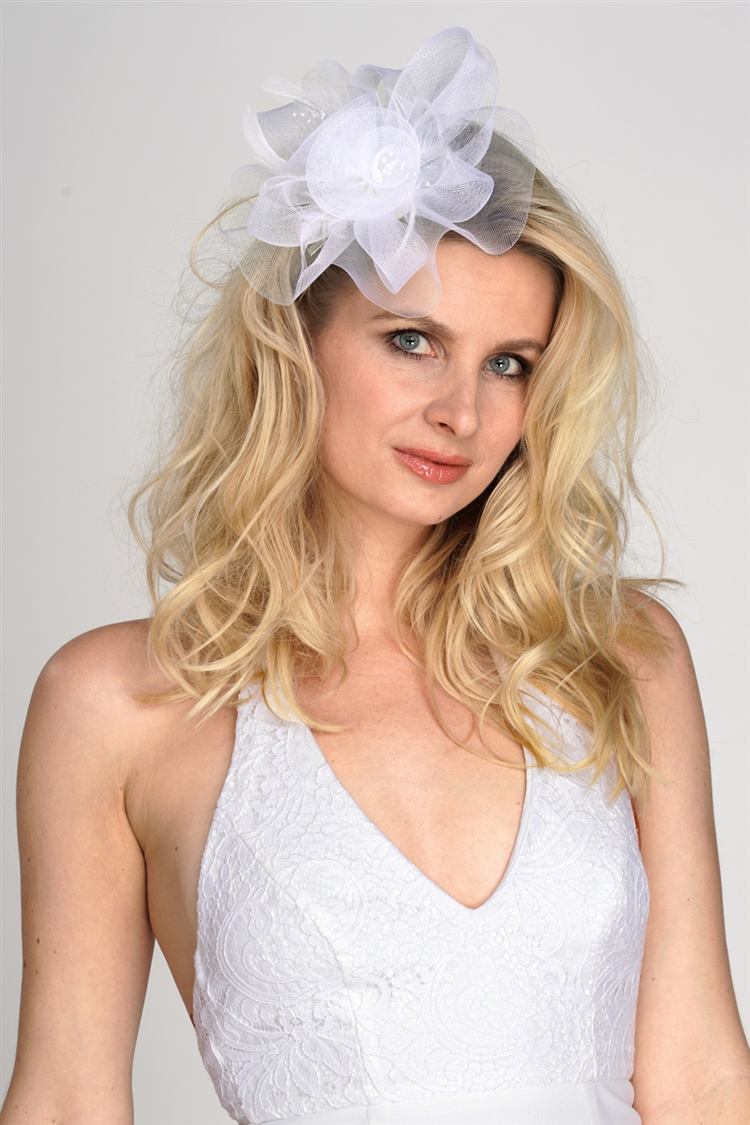 White Organza Bridal Cocktail Hat with Feathers<br>4594H-W