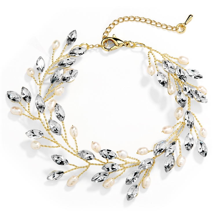 Mariell Wholesale Gold Jeweled Bracelet with Crystal Gems, Freshwater Pearls, Adjustable 7" to 8 Â¬Î©"