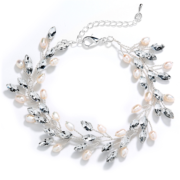 Silver Bracelet with Crystals & Freshwater Pearls, Adjustable 7" to 8 Â½"<br>4597B-S