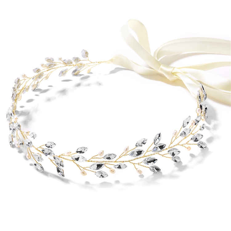 Handmade Gold Vine Headband with Crystals & Freshwater Pearls - Ivory Ribbon<br>4597HB-G