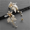 Gold Vine Earrings with Crystals, Matte Silvery Leaves & Ivory Pearls<br>4598E-G