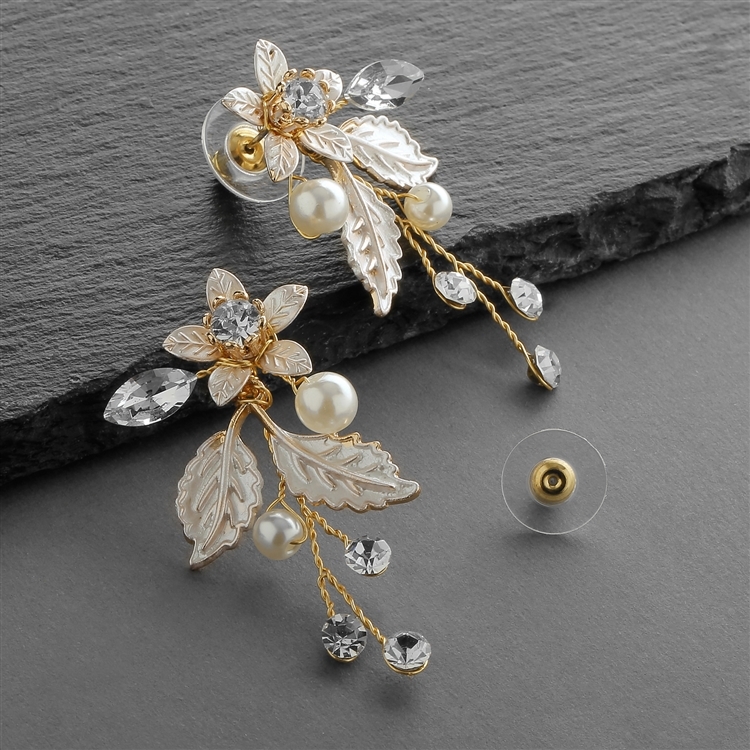 Gold Vine Earrings with Crystals, Matte Silvery Leaves & Ivory Pearls<br>4598E-G