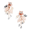 Rose Gold Vine Earrings with Crystals, Matte Silvery Leaves & Ivory Pearls<br>4598E-RG