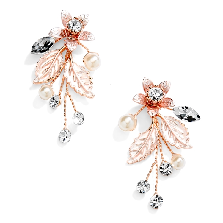 Rose Gold Vine Earrings with Crystals, Matte Silvery Leaves & Ivory Pearls<br>4598E-RG