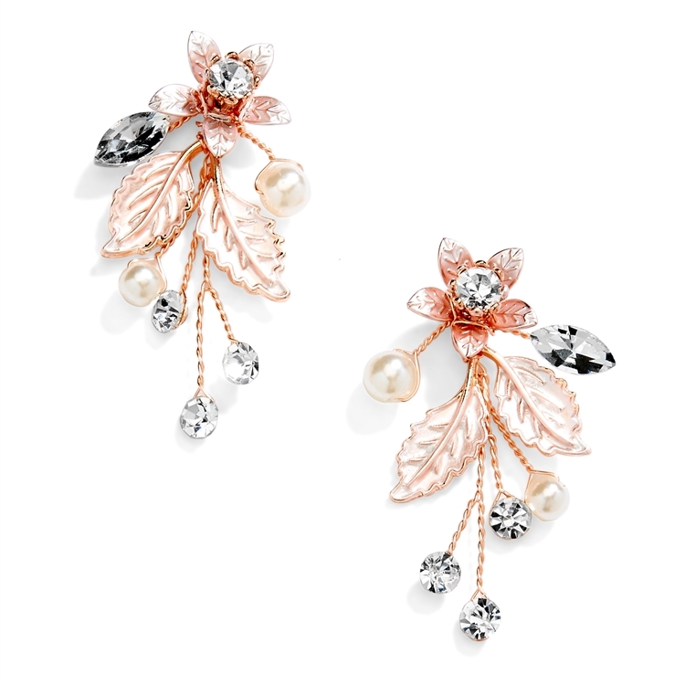 Mariell Wholesale Rose Gold Vine Earrings with Crystals, Matte Silvery Leaves & Ivory Pearls