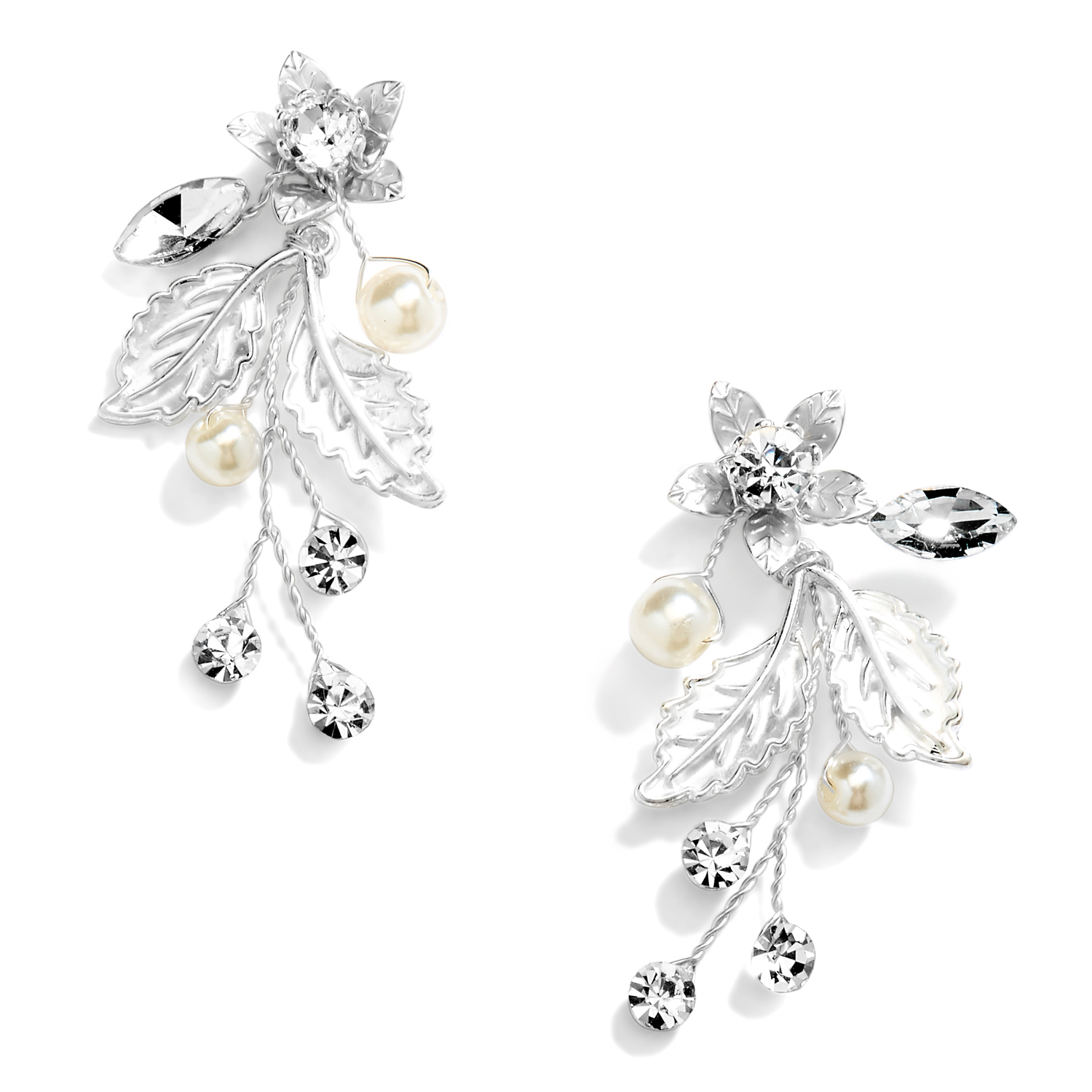 Handmade Floral Wedding Earrings with Austrian Crystals, Matte Silver Leaves and Ivory Pearls<br>4598E-S