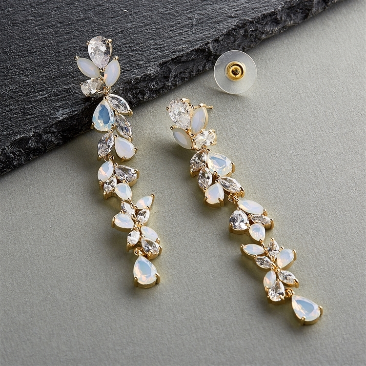 Cubic Zirconia and Opal Long Statement Gold Wedding Dangle Earrings<br>4599E-OP-G