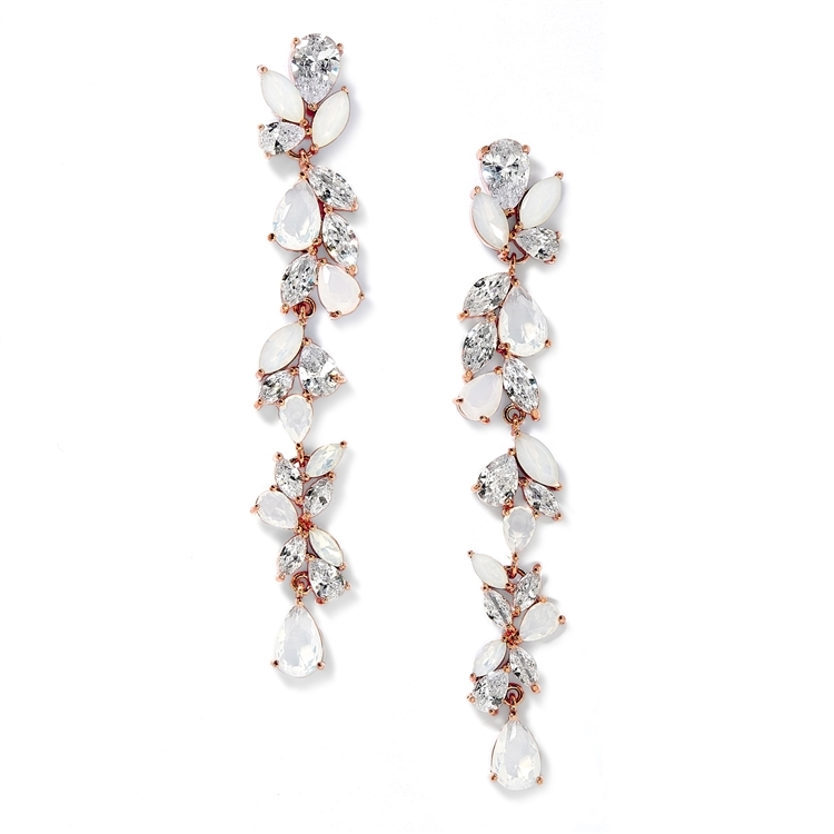 Mariell Wholesale Cubic Zirconia and Opal Long Statement Rose Gold Wedding Dangle Earrings