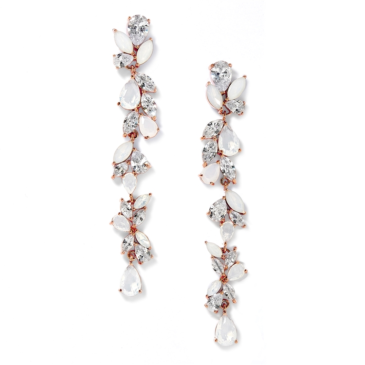 Cubic Zirconia and Opal Long Statement Rose Gold Wedding Dangle Earrings<br>4599E-OP-RG