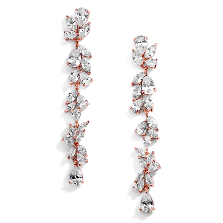 Cubic Zirconia Long Statement Rose Gold Wedding Dangle Earrings<br>4599E-RG