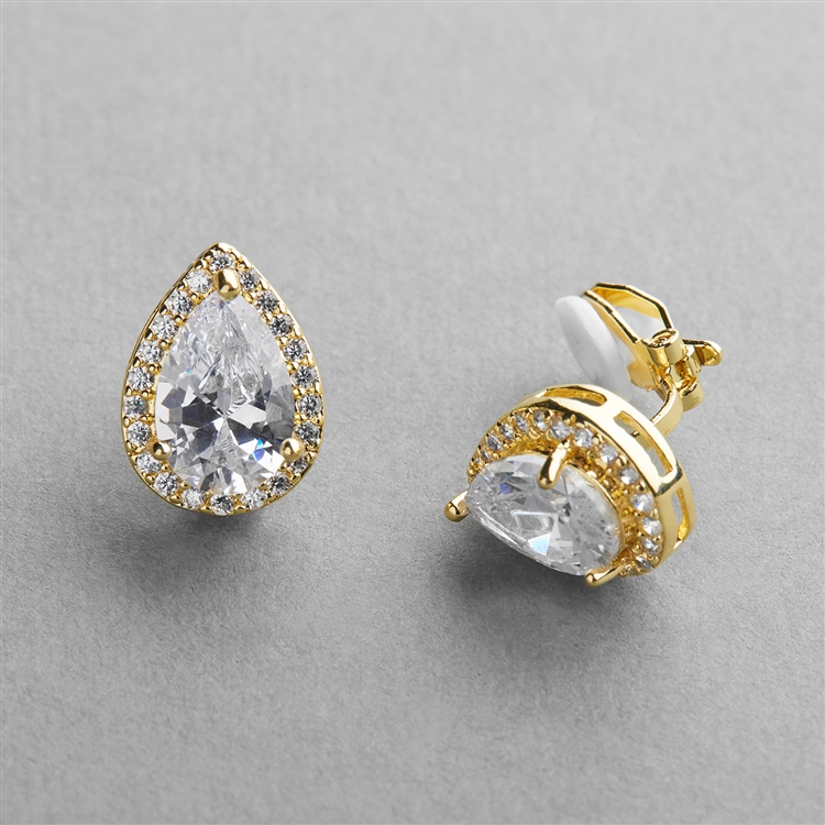14K Gold CZ Pear-Shape Wedding Clip-On Earrings<br>4600EC-GD