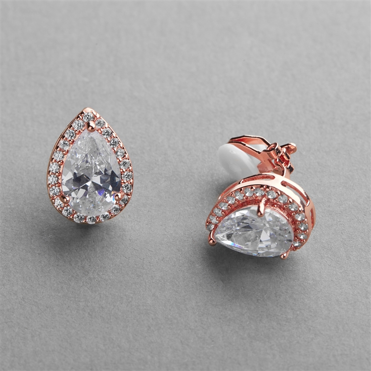 Rose Gold CZ Pear-Shape Wedding Clip-On Earrings<br>4600EC-RG