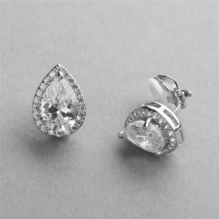 Silver Platinum CZ Pear-Shape Wedding Clip-On Earrings<br>4600EC-S