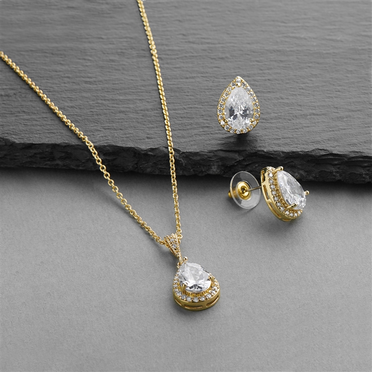 14K Gold CZ Pear-Shape Wedding Necklace & Earrings Jewelry Set<br>4600S-G