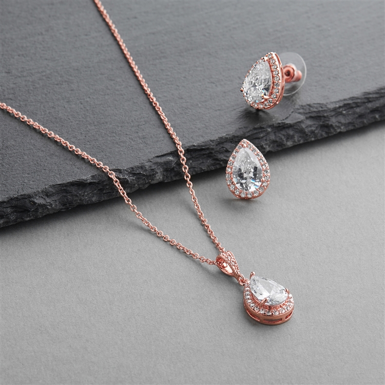 Mariell Wholesale Rose Gold CZ Pear-Shape Wedding Necklace & Earrings Jewelry Set