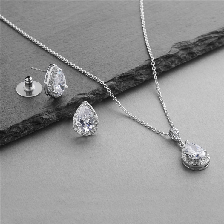 Silver Platinum CZ Pear-Shape Wedding Necklace & Earrings Jewelry Set<br>4600S-S