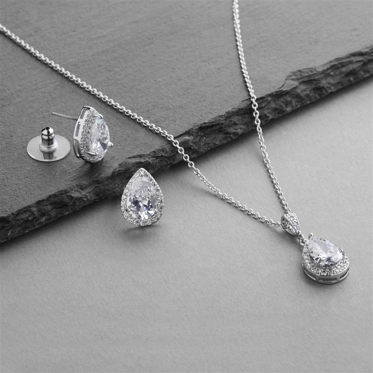 Mariell Wholesale Silver Platinum CZ Pear-Shape Wedding Necklace & Earrings Jewelry Set