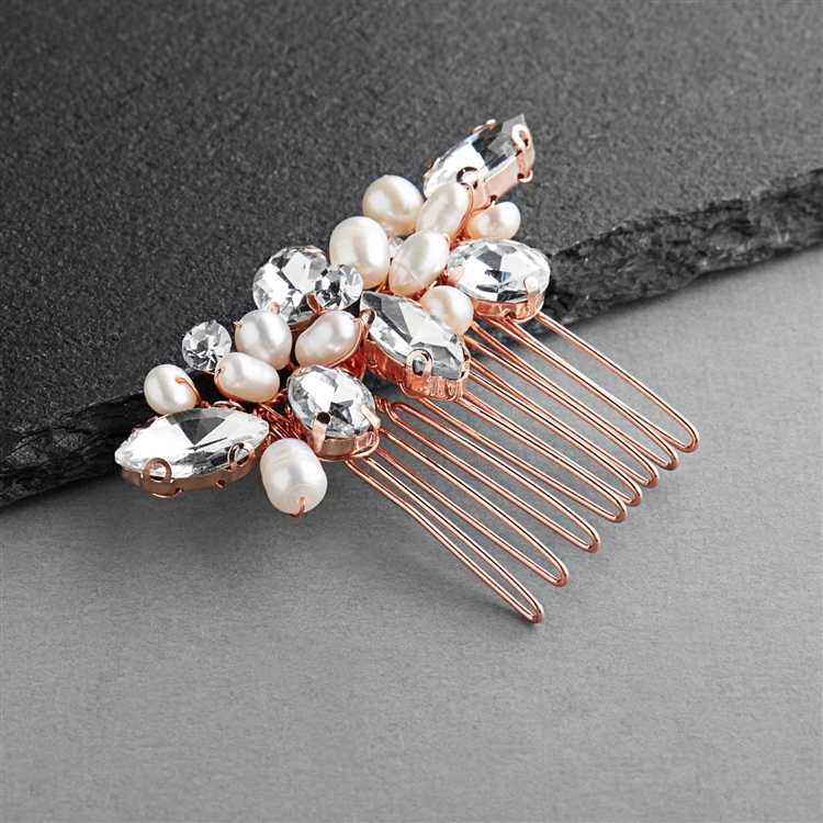 Freshwater Pearl and Crystal Rose Gold Bridal Comb