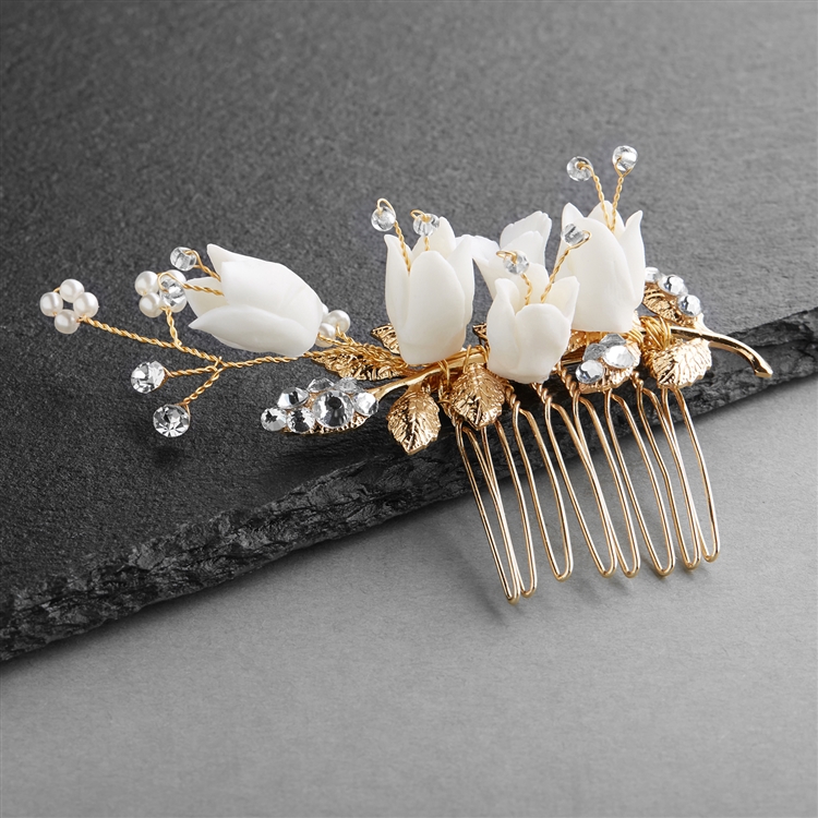 Bridal Comb Gold Leaves & White Resin Flowers