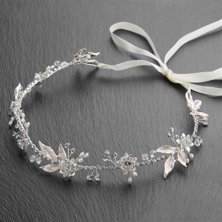 Bridal Ribbon Headband with Pink Enamel Leaves