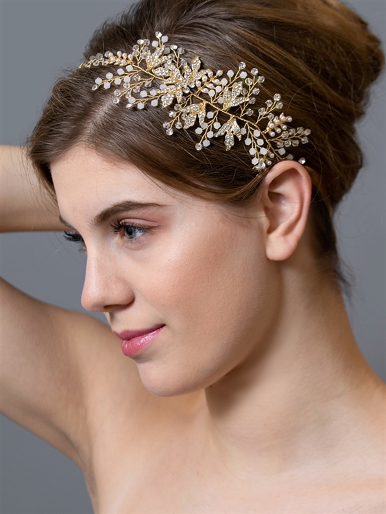 Gold Bridal Headband Hair Vine with Opal Crystals