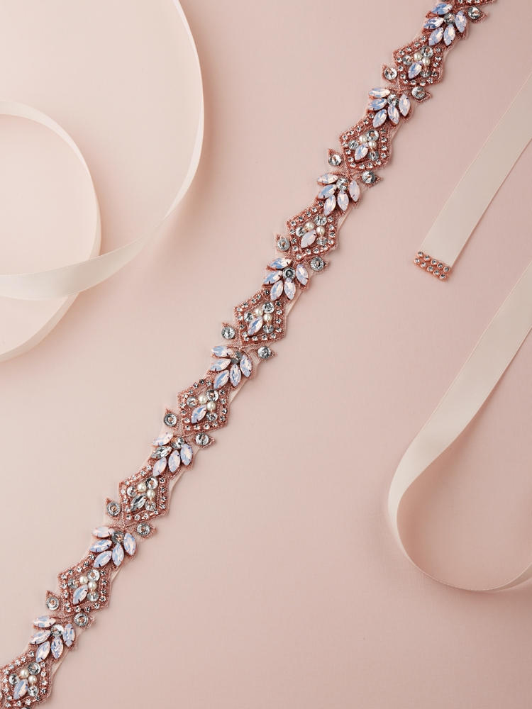 Rose Gold Applique Opal Bridal Belt with Crystals and Pearls