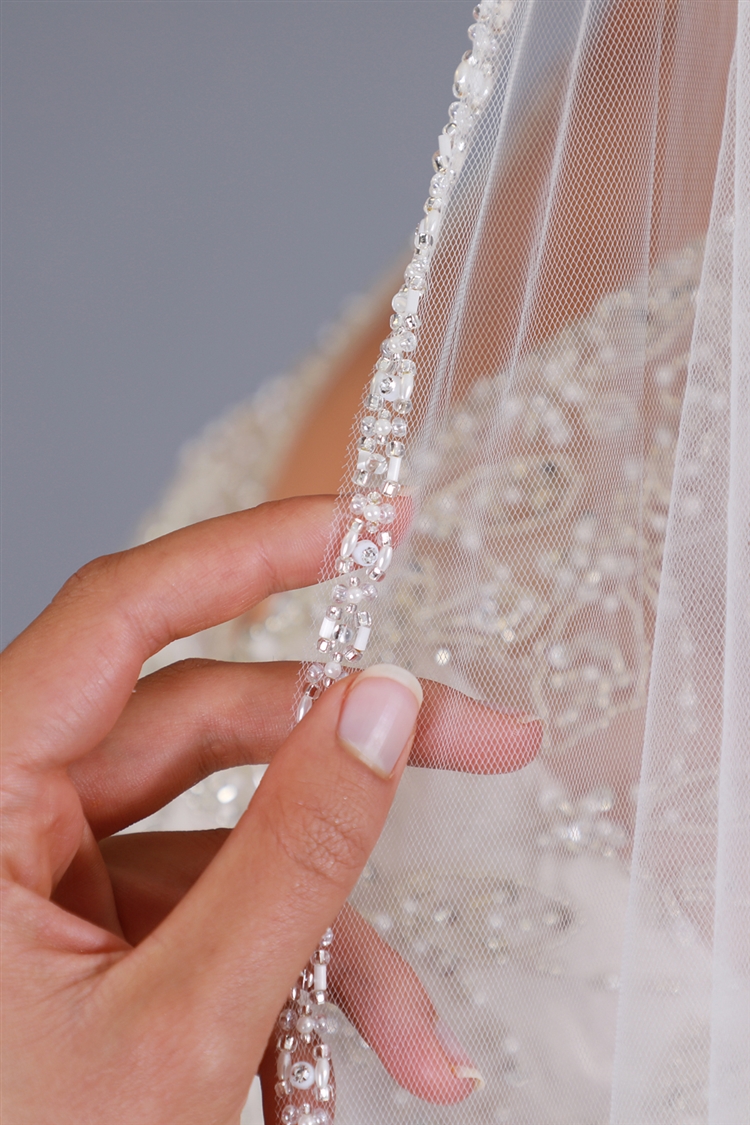 Cathedral crystal trim veil, long veil with crystal, crystal edge veil, beaded crystal wedding veil, cathedral 2024 wedding veil with blusher