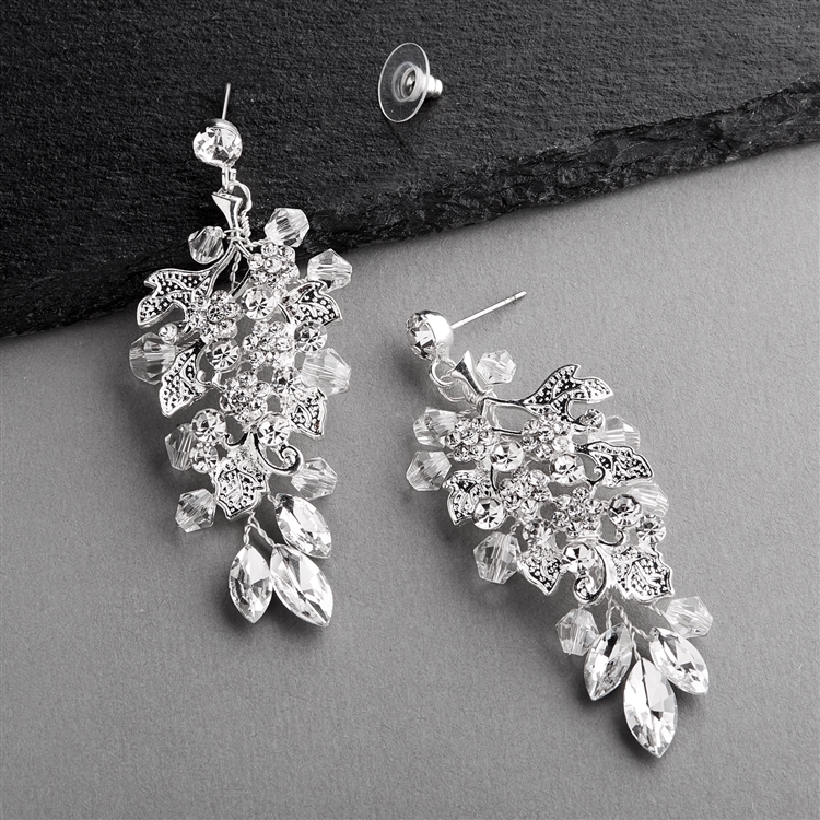 Handmade Statement Earrings for Brides with Cascading Crystals, Flowers & Silver Leaves<br>4623E-S