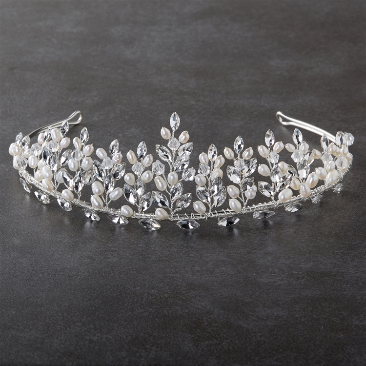 Hand-made Bridal Tiara with Genuine Freshwater Pearls and Crystals on Wire Sprigs