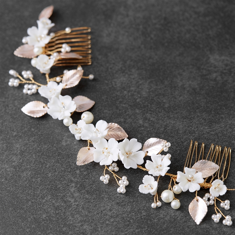 Mariell Floral Design Bridal Hair Vine with Ivory Resin Flowers and Hand Painted Matte Gold Leaves