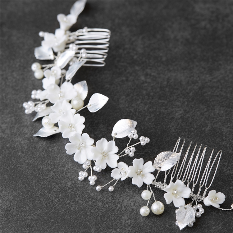 Mariell Floral Design Bridal Hair Vine with Ivory Resin Flowers and Hand Painted Matte Silver Leaves