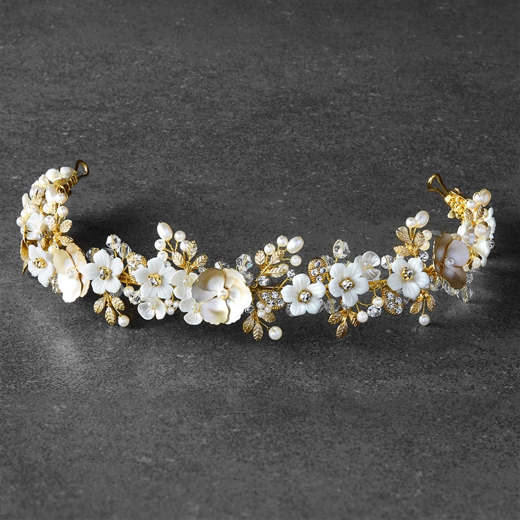 Gold Bridal Tiara with Sculpted Flowers, Matte Gold Leaves, Ivory Pearls and Crystals