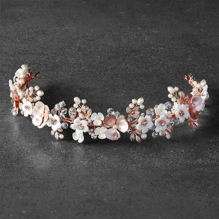 Rose Gold Bridal Tiara with Porcelain Flowers, Matte Blush Leaves, Ivory Pearls and Crystals